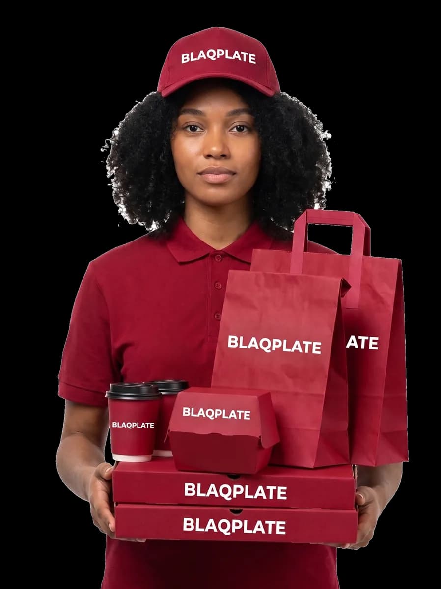 A BlaqPlate courier holding branded bags, cups and boxes